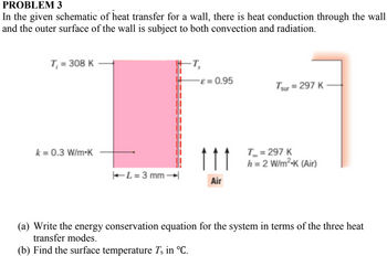 PROBLEM 3
In the given schematic of heat transfer for a wall, there is heat conduction through the wall
and the outer surface of the wall is subject to both convection and radiation.
T₁ = 308 K
k = 0.3 W/m-K
L = 3 mm
-T₁
-ε = 0.95
111
Air
Tsur = 297 K
T = 297 K
h = 2 W/m² K (Air)
(a) Write the energy conservation equation for the system in terms of the three heat
transfer modes.
(b) Find the surface temperature Ts in °C.