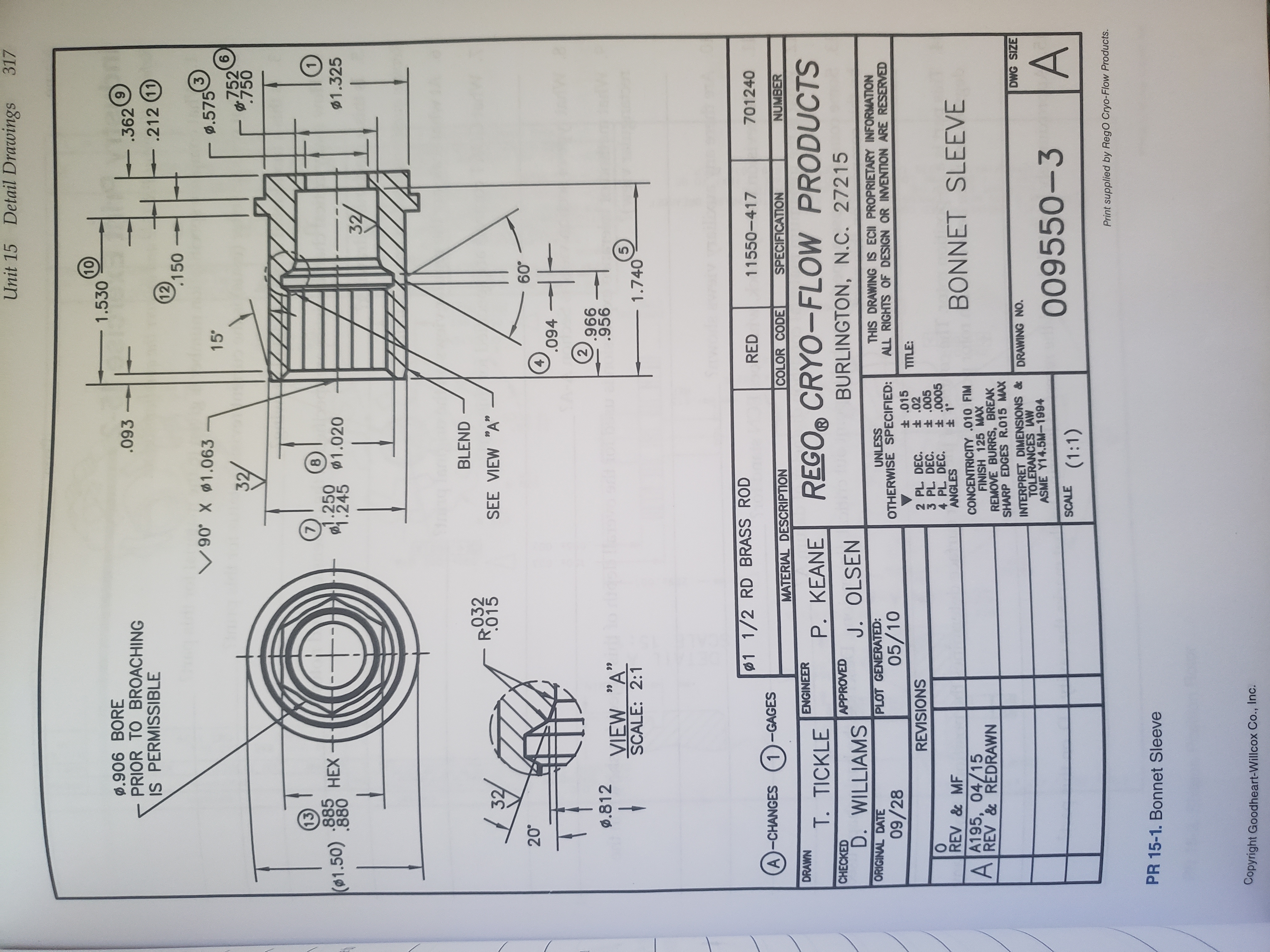 Detail Drawings
Unit 15
317
10
1.530
0.906 BORE
PRIOR TO BROACHING
IS PERMISSIBLE
.093
.362
.212 (11
12
.150
90 X 1.063
3
.575
6
15'
32/
752
.750
13)
7
8
.885
.880
1.250
1.245
НЕХ
(01.50)
1.020
$1.325
32/
BLEND
032
015
SEE VIEW "A"
20°
60°
4
.094
2
.966
.956
.812
dool Tla oooom
VIEW "A"
SCALE: 2:1
99
5
1.740
1 1/2 RD BRASS ROD
RED
11550-417
701240
A-CHANGES
1-GAGES
COLOR CODE
NUMBER
MATERIAL DESCRIPTION
SPECIFICATION
DRAWN
ENGINEER
REGO® CRYO-FLOW PRODUCTS
T. TICKLE
P. KEANE
CHECKED
APPROVED
BURLINGTON, N.C. 27215
D. WILLIAMS
J. OLSEN
ORIGINAL DATE
PLOT GENERATED:
THIS DRAWING IS ECII PROPRIETARY INFORMATION
ALL RIGHTS OF DESIGN OR INVENTION ARE RESERVED
UNLESS
OTHERWISE SPECIFIED:
05/10
09/28
t 015
t 02
t .005
t .0005
t 1°
TITLE:
REVISIONS
2 PL. DEC.
3 PL DEC.
4 PL DEC.
ANGLES
REV & MF
BONNET SLEEVE
A195, 04/15
REV&REDRAWN
A
CONCENTRICITY .010 FIM
FINISH 125 MAX
REMOVE BURRS, BREAK
SHARP EDGES R.015 MAX
INTERPRET DIMENSIONS &
TOLERANCES AW
ASME Y14.5M-1994
DWG SIZE
DRAWING NO
A
009550-3
SCALE
(1:1)
Print supplied by RegO Cryo-Flow Products.
PR 15-1. Bonnet Sleeve
Copyright Goodheart-Willcox Co., Inc.
