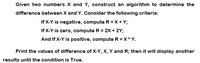 Given two numbers X and Y, construct an algorithm to determine the
difference between X and Y. Consider the following criteria:
If X-Y is negative, compute R = X + Y;
If X-Y is zero, compute R = 2X + 2Y;
And If X-Y is positive, compute R = X* Y.
Print the values of difference of X-Y, X, Y and R; then it will display another
results until the condition is True.
