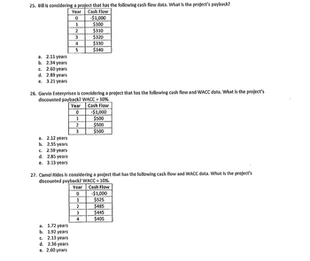 25. Bill is considering a project that has the following cash flow data. What is the project's payback?
Year
Cash Flow
0
a. 2.11 years.
b. 2.34 years
c. 2.60 years
d.
2.89 years
e. 3.21 years
a. 2.12 years
b. 2.35 years
c. 2.59 years
d. 2.85 years
e. 3.13 years
1
2
3
a. 1.72 years
b. 1.92 years
c. 2.13 years
4
5
26. Garvin Enterprises is considering a project that has the following cash flow and WACC data. What is the project's
discounted payback? WACC = 10%.
Year Cash Flow
0
1
2
3
d. 2.36 years
e. 2.60 years
-$1,000
$300
$310
$320
$330
$340
27. Camel Rides is considering a project that has the following cash flow and WACC data. What is the project's
discounted payback? WACC = 10%.
-$1,000
$500
$500
$500
Year Cash Flow
0
1
2
3
4
-$1,000
$525
$485
$445
$405