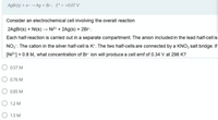 AgBr(s) + e- - Ag + Br-, E° = +0.07 V
Consider an electrochemical cell involving the overall reaction
2AgBr(s) + Ni(s) → Ni2* + 2Ag(s) + 2Br.
Each half-reaction is carried out in a separate compartment. The anion included in the lead half-cell is
NO. The cation in the silver half-cell is K*. The two half-cells are connected by a KNO, salt bridge. If
[Ni2'] = 0.8 M, what concentration of Br ion will produce a cell emf of 0.34 V at 298 K?
0.57 M
0.76 M
0.85 M
O 1.2 M
1.5 M
