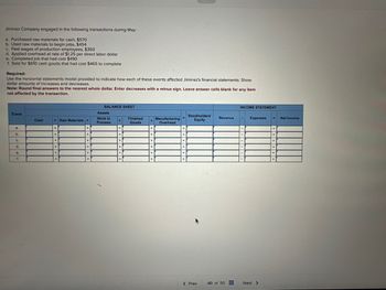 Jiminez Company engaged in the following transactions during May:
a. Purchased raw materials for cash, $570
b. Used raw materials to begin jobs, $454
c. Paid wages of production employees, $350
d. Applied overhead at rate of $1.25 per direct labor dollar
e. Completed job that had cost $490
f. Sold for $610 cash goods that had cost $465 to complete
Required:
Use the horizontal statements model provided to indicate how each of these events affected Jiminez's financial statements. Show
dollar amounts of increases and decreases.
Note: Round final answers to the nearest whole dollar. Enter decreases with a minus sign. Leave answer cells blank for any item
not affected by the transaction.
Event
a.
b.
C.
d.
e.
f.
Cash
+ Raw Materials +
+
+
+
+
+
+
+
+
+
+
BALANCE SHEET
Assets
Work in
Process
+
+
+
+
+
Finished
Goods
+
+
+
+
+
Manufacturing
Overhead
Stockholders'
Equity
< Prev
Revenue
40 of 50
INCOME STATEMENT
-
Expenses
Next >
=
=
Net Income