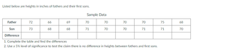 Listed below are heights in inches of fathers and their first sons.
Father
Son
Difference
1. Complete the table and find the differences
2. Use a 5% level of significance to test the claim there is no difference in heights between fathers and first sons.
72
73
66
68
Sample Data
69
68
70
71
70
70
70
70
70
71
75
71
68
70