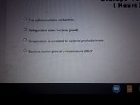 (Hours)
The culture contains no bacteria.
Refrigeration slows bacteria growth.
Temperature is unrelated to bacterial production rate.
Bacteria cannot grow at a temperature of 5°C
