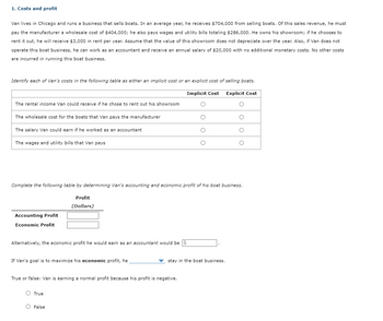 1. Costs and profit
Van lives in Chicago and runs a business that sells boats. In an average year, he receives $704,000 from selling boats. Of this sales revenue, he must
pay the manufacturer a wholesale cost of $404,000; he also pays wages and utility bills totaling $286,000. He owns his showroom; if he chooses to
rent it out, he will receive $3,000 in rent per year. Assume that the value of this showroom does not depreciate over the year. Also, if Van does not
operate this boat business, he can work as an accountant and receive an annual salary of $20,000 with no additional monetary costs. No other costs
are incurred in running this boat business.
Identify each of Van's costs in the following table as either an implicit cost or an explicit cost of selling boats.
Implicit Cost
The rental income Van could receive if he chose to rent out his showroom
The wholesale cost for the boats that Van pays the manufacturer
The salary Van could earn if he worked as an accountant
The wages and utility bills that Van pays
Accounting Profit
Economic Profit
Alternatively, the economic profit he would earn as an accountant would be
If Van's goal is to maximize his economic profit, he
True or false: Van is earning a normal profit because his profit is negative.
O True
O
Complete the following table by determining Van's accounting and economic profit of his boat business.
Profit
(Dollars)
O False
O
O
stay in the boat business.
Explicit Cost
O
O
O