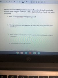 ibri
12
BIU
A -
A
4.
11. Mendel crossed peas having round seeds and yellow cotyledons with peas having
wrinkled seeds and green cotyledons. All the F1 plants had round seeds with yellow
cotyledons.
a. What are the genotypes of the parent plants?
b. What gametes could be produced by the parent with round seeds and yellow
cotyledons?
C. What gametes could be produced by the parent with wrinkled seeds and green
cotyledons?
d. What is the genotype of the F1 plants?
e. What gametes could be produced by the F1 plants?
hp
