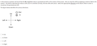 In the previous question we found that the B and g fields induce a gravitational drift on the motion of the proton. We can stop this drift by applying an electric field to the
system. The electric field will also induce a drift, but if it oriented correctly, the two drifts will cancel. Select the appropriate direction of the electric field in order to
counteract the gravitational drift.
The figure below identifies the various directions.
O Out
Up
In
Left
→ Right
Down
A. Up
B. Down
C. Left
D. Right
