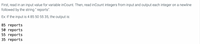 First, read in an input value for variable inCount. Then, read inCount integers from input and output each integer on a newline followed by the string " reports".

Example: If the input is 4 85 50 55 35, the output is:

```
85 reports
50 reports
55 reports
35 reports
```