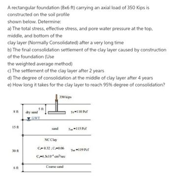 A rectangular foundation (8x6 ft) carrying an axial load of 350 Kips is
constructed on the soil profile
shown below. Determine:
a) The total stress, effective stress, and pore water pressure at the top,
middle, and bottom of the
clay layer (Normally Consolidated) after a very long time
b) The final consolidation settlement of the clay layer caused by construction
of the foundation (Use
the weighted average method)
c) The settlement of the clay layer after 2 years
d) The degree of consolidation at the middle of clay layer after 4 years
e) How long it takes for the clay layer to reach 95% degree of consolidation?
350 kips
5 ft
8 ft
dry sand
Ya-110 Pef
15 ft
Yuu-115 Pef
30 ft
Your-119 Pef
6 ft
GWT
sand
NC Clay
C-0.32;C-0.06
C.-4.5x10 cm²/sec
Coarse sand