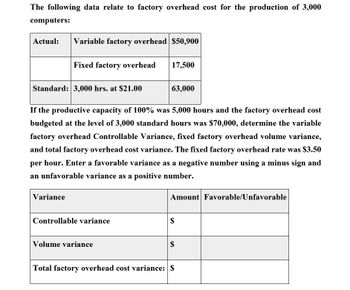 The following data relate to factory overhead cost for the production of 3,000
computers:
Actual: Variable factory overhead $50,900
Fixed factory overhead
17,500
Standard: 3,000 hrs. at $21.00
63,000
If the productive capacity of 100% was 5,000 hours and the factory overhead cost
budgeted at the level of 3,000 standard hours was $70,000, determine the variable
factory overhead Controllable Variance, fixed factory overhead volume variance,
and total factory overhead cost variance. The fixed factory overhead rate was $3.50
per hour. Enter a favorable variance as a negative number using a minus sign and
an unfavorable variance as a positive number.
Variance
Amount Favorable/Unfavorable
Controllable variance
$
Volume variance
$
Total factory overhead cost variance: $