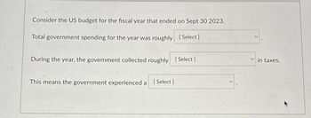 Consider the US budget for the fiscal year that ended on Sept 30 2023.
Total government spending for the year was roughly [Select]
During the year, the government collected roughly [Select]
This means the government experienced a [Select]
in taxes.