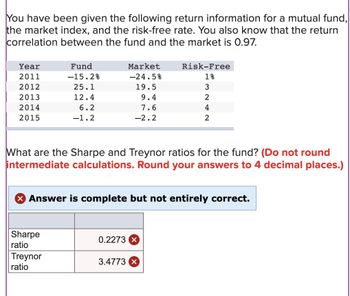 You have been given the following return information for a mutual fund,
the market index, and the risk-free rate. You also know that the return
correlation between the fund and the market is 0.97.
Year
2011
2012
2013
2014
2015
Fund
-15.2%
25.1
12.4
6.2
-1.2
Sharpe
ratio
Market
-24.5%
19.5
9.4
7.6
-2.2
Treynor
ratio
What are the Sharpe and Treynor ratios for the fund? (Do not round
intermediate calculations. Round your answers to 4 decimal places.)
X Answer is complete but not entirely correct.
Risk-Free
1%
3
0.2273 x
2
4
2
3.4773 X