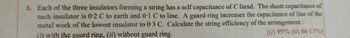 8. Each of the three insulators forming a string has a self capacitance of C farad. The shunt capacitance of
each insulator is 0-2 C to earth and 0-1 C to line. A guard-ring increases the capacitance of line of the
metal work of the lowest insulator to 0-3 C. Calculate the string efficiency of the arrangement:
(i) with the guard ring, (ii) without guard ring.
[(i) 95% (ii) 86-13%)