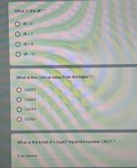 What is the df? *
O df = 8
O df = 7
O df = 9
O df = 10
What is the critical value from the table? *
0.6021
0.6664
0.6319
O 0.5760
What is the total of x (age)? Input the number ONLY. *
Your answer