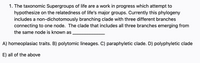 1. The taxonomic Supergroups of life are a work in progress which attempt to
hypothesize on the relatedness of life's major groups. Currently this phylogeny
includes a non-dichotomously branching clade with three different branches
connecting to one node. The clade that includes all three branches emerging from
the same node is known as
A) homeoplasiac traits. B) polytomic lineages. C) paraphyletic clade. D) polyphyletic clade
E) all of the above
