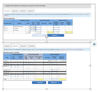 Complete this question by entering your answers in the tabs below.
Required 1
Required 2
Required 3
Required 4
Complete the table to determine the cost assigned to ending inventory and cost of goods sold using specific identification. (Round cost per unit to 2 decimal
places.)
Specific Identification
Available for Sale
Cost of Goods Sold
Ending Inventory
Ending
Inventory-
Ending
Unit
Units
Cost Per
Purchase Date
Activity
Units
Unit Cost
COGS
Inventory-
Cost
Cost
Sold
Unit
Units
Beginning inventory
Purchase
185$ 11.00
100$ 10.00
270 s 9.50
Jan. 1
Jan. 20
Jan. 30
Purchase
555
24
< Required 1
Required 2 >
Required 1
Required 2
Required 3
Required 4
Determine the cost assigned to ending inventory and to cost of goods sold using weighted average. (Round cost per unit to 2 decimal places.)
Weighted Average - Perpetual:
Goods Purchased
Cost of Goods Sold
Inventory Balance
# of
units
sold
# of
Cost per
Cost per Cost of Goods
Sold
Cost per
Inventory
Balance
Date
# of units
units
unit
unit
unit
January 1
185 @ S 11.00 =s 2,035.00
January 10
danuary 20
Average cost
January 25
January 30
Totals
< Required 1
Required 3 >
