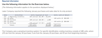 Required information
Use the following information for the Exercises below.
[The following information applies to the questions displayed below.]
Laker Company reported the following January purchases and sales data for its only product.
Activities
Units Acquired at Cost
185 units @ $11.00 = $2,035
Date
Units sold at Retail
Jan. 1 Beginning inventory
Jan. 10 Sales
145 units @ $20.00
Jan. 20 Purchase
100 units @ $10.00 =
1,000
Jan. 25 Sales
125 units @ $20.00
Jan. 30 Purchase
270 units @ $ 9.50 =
2,565
Totals
555 units
$5,600
270 units
The Company uses a perpetual inventory system. For specific identification, ending inventory consists of 285 units, where
270 are from the January 30 purchase, 5 are from the January 20 purchase, and 10 are from beginning inventory.
