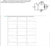 Problem 3: An LR circuit includes a basic switch, two voltmeters and an ammeter. Initially
the switch is in position "a" and has been for a considerable period of time. A steady current flows.
Data collection begins, and after a brief delay, the switch is moved to position "b".
a
VL
Vo
(A)
Part (a) Which graph best represents the current measured with the ammeter as a function of time?

