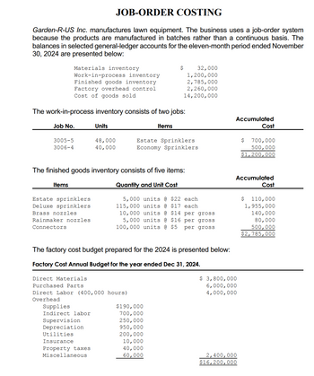 JOB-ORDER COSTING
Garden-R-US Inc. manufactures lawn equipment. The business uses a job-order system
because the products are manufactured in batches rather than a continuous basis. The
balances in selected general-ledger accounts for the eleven-month period ended November
30, 2024 are presented below:
Materials inventory
Work-in-process inventory
Finished goods inventory
Factory overhead control
Cost of goods sold
$
32,000
1,200,000
2,785,000
2,260,000
14,200,000
The work-in-process inventory consists of two jobs:
Accumulated
Job No.
Units
Items
Cost
3005-5
3006-4
48,000
40,000
Estate Sprinklers
Economy Sprinklers
$
700,000
500,000
$1,200,000
The finished goods inventory consists of five items:
Items
Estate sprinklers
Deluxe sprinklers
Brass nozzles
Rainmaker nozzles
Connectors
Quantity and Unit Cost
5,000 units @ $22 each
115,000 units @ $17 each
10,000 units @ $14
5,000 units @ $16
100,000 units @ $5.
per gross
per gross
per gross
The factory cost budget prepared for the 2024 is presented below:
Factory Cost Annual Budget for the year ended Dec 31, 2024.
Accumulated
Cost
$
110,000
1,955,000
140,000
80,000
500,000
$2,785,000
Direct Materials
Purchased Parts
Direct Labor (400,000 hours).
$ 3,800,000
6,000,000
4,000,000
Overhead
Supplies
$190,000
Indirect labor
700,000
Supervision
250,000
Depreciation
950,000
Utilities
200,000
Insurance
10,000
Property taxes
40,000
Miscellaneous
60,000
2,400,000
$16,200,000