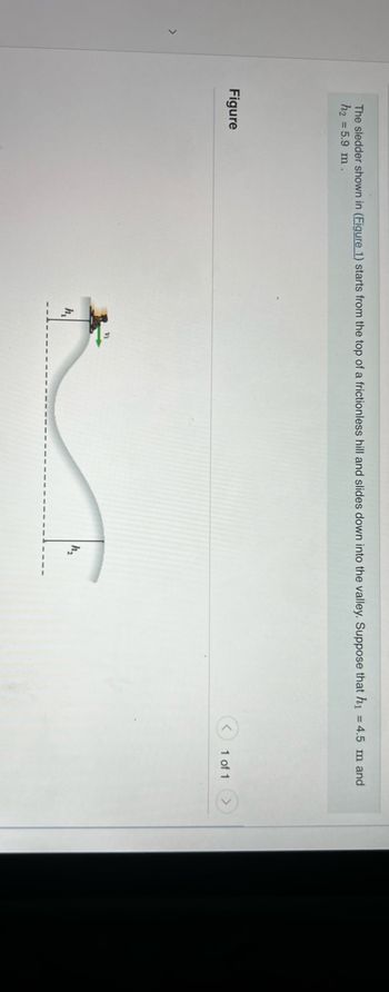 >
The sledder shown in (Figure 1) starts from the top of a frictionless hill and slides down into the valley. Suppose that h₁ = 4.5 m and
h₂ = 5.9 m.
Figure
h₁
h₂
1 of 1