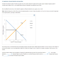 14. Application: Demand elasticity and agriculture
Consider the market for apples. The following graph shows the weekly demand for apples and the weekly supply of apples. Suppose a spell of
unusually good weather occurs, which enables apple producers to generate more apples per acre of land.
Show the effect this shock has on the market for apples by shifting the demand curve, supply curve, or both.
Note: Select and drag one or both of the curves to the desired position. Curves will snap into position, so if you try to move a curve and it snaps back
to its original position, just drag it a little farther.
20
Supply
Demand
16
Supply
Demand
10
20
30
40
50
QUANTITY (Millions of bushels)
One of the growers is concerned about the price decrease caused by the spell of good weather because he feels it will lower revenue in this market. As
an economics student, you can use elasticities to determine whether this change in price will lead to an increase or decrease in total revenue in this
market.
Using the midpoint method, the price elasticity of demand for apples between the prices of $10 and $8 per bushel is
which means
demand is
between these two points. Therefore, you would tell the grower that his claim is
because total revenue
will
as a result of the spell of good weather.
PRICE (Dollars per bushel)
