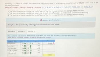 Assuming a 12% annual interest rate, determine the present value of a five-period annual annuity of $3,200 under each of the
following situations:
Note: Use tables, Excel, or a financial calculator. (FV of $1, PV of $1, FVA of $1. PVA of $1, FVAD of $1 and PVAD of $1)
1. The payments are received at the end of each of the five years and interest is compounded annually.
2. The payments are received at the beginning of each of the five years and interest is compounded annually.
3. The payments are received at the end of each of the five years and interest is compounded quarterly.
Answer is not complete.
Complete this question by entering your answers in the tabs below.
Required 1 Required 2
The payments are received at the end of each of the five years and interest is compounded quarterly.
Note: Round your final answers to nearest whole dollar amount.
Deposit Date
First payment
Second payment
Third payment
Fourth payment
Fifth payment
j=
3%
3%
3%
3%
3%
Required 3
33333
n=
4821
16
20
333
$
Deposit
3,200
3,200
3,200
3,200
3,200
$
S
PV
102,938
102,938