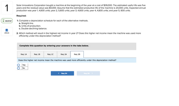 Solar Innovations Corporation bought a machine at the beginning of the year at a cost of $39,000. The estimated useful life was five
years and the residual value was $4,000. Assume that the estimated productive life of the machine is 20,000 units. Expected annual
production was year 1, 4,600 units; year 2, 5,600 units; year 3, 4,600 units; year 4, 4,600 units; and year 5, 600 units.
Required:
00:57:57
1. Complete a depreciation schedule for each of the alternative methods.
a. Straight-line.
b. Units-of-production.
c. Double-declining-balance.
eBook2. Which method will result in the highest net income in year 2? Does this higher net income mean the machine was used more
efficiently under this depreciation method?
Complete this question by entering your answers in the tabs below
Does this higher net income mean the machine was used more efficiently under this depreciation method?
Yes
No
Req 2A
Req 2B
