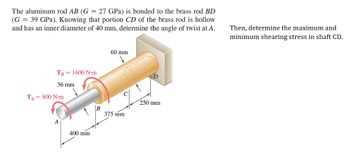 The aluminum rod AB (G = 27 GPa) is bonded to the brass rod BD
(G = 39 GPa). Knowing that portion CD of the brass rod is hollow
and has an inner diameter of 40 mm, determine the angle of twist at A.
60 mm
TB = 1600 N-m
36 mm
TA = 800 N-m
400 mm
B
375 mm
250 mm
Then, determine the maximum and
minimum shearing stress in shaft CD.