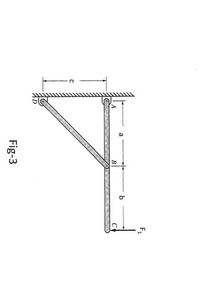 The diagram, labeled as "Fig-3," illustrates a structural setup involving two rods and a ceiling connection. 

- Rod \( AB \) is vertically aligned and pivots at point \( A \), attached to the ceiling. It is divided into two segments with lengths \( a \) and \( b \). 
- Point \( B \) represents the junction between rods \( AB \) and \( BC \).
- Rod \( BC \) extends vertically downward from point \( B \) to point \( C \).
- A perpendicular force, \( F_1 \), is applied at point \( C \) pointing downward.
- Rod \( AD \) is diagonal, connecting the ceiling at point \( D \) to point \( A \), horizontally spaced by a length \( c \).
- Points \( A \) and \( D \) are fixed to the ceiling, with a horizontal separation defined by length \( c \).

This setup is typically analyzed in contexts involving static equilibrium, force distribution, and mechanical advantage.