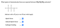 What type(s) of intermolecular forces are expected between CH3CH,NH2 molecules?
H
-C
·C
N-
H
Indicate with a Y (yes) or an N (no) which apply.
dipole forces
induced dipole forces
hydrogen bonding
