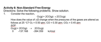 Activity 6: Non-Standard Free Energy
Directions: Solve the following problems. Show solution.
1.
Consider the reaction,
O2(g) + 2CO(g) –→ 2CO2(g)
->
How does the value of AG change when the pressures of the gases are altered as
follows at 25 °C? O2 = 0.50 atm; CO = 0.30 atm; CO2 = 0.45 atm
AGFO
O2(g) + 2C0(g) →
2CO2(g)
-394.359
-137.168
kJ/mol
