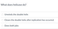 What does helicase do?
Unwinds the double helix
Closes the double helix after replication has occurred
Does both jobs
