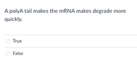 A polyA tail makes the MRNA makes degrade more
quickly.
True
False
