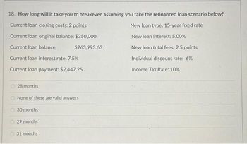 18. How long will it take you to breakeven assuming you take the refinanced loan scenario below?
Current loan closing costs: 2 points
New loan type: 15-year fixed rate
Current loan original balance: $350,000
New loan interest: 5.00%
Current loan balance:
$263,993.63
New loan total fees: 2.5 points
Current loan interest rate: 7.5%
Individual discount rate: 6%
Current loan payment: $2,447.25
28 months
None of these are valid answers
30 months
29 months
31 months
Income Tax Rate: 10%