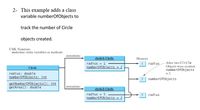 2- This example adds a class
variable numberOfObjects to
track the number of Circle
objects created.
UML Notation:
underline: static variables or methods
instantiate
circle l: Circle
Memory
After two Circle
Objects were created,
numberof0bjects
is 2.
radius - 1
|1 radius
Circle
numberof0bjects = 2
radius: double
numberof0bjects: int
getNumberOf0bjects(): int
getArea(): double
numberof0bjects
instantiate
cirele2: Circle
radius - 5
radius
numberof0bjects - 2
