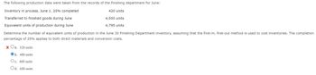 The following production data were taken from the records of the finishing department for June:
Inventory in process, June 1, 25% completed
Transferred to finished goods during June
Equivalent units of production during June
Determine the number of equivalent units of production in the June 30 Finishing Department inventory, assuming that the first-in, first-out method is used to cost inventories. The completion
percentage of 25% applies to both direct materials and conversion costs.
x Oa. 320 units
Ob. 480 units
Oc. 400 units
Od. 600 units
420 units.
4,500 units
4,795 units