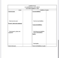 COMPANY JK
CLASSIFIED BALANCE SHEET
AS OF DECEMBER 31, 2020
Assets
Liabilities & Equity
Current assets:
Current liabilities:
Total current assets
Total current liabilities
Property, plant and equipment:
Long-term liabilities:
Total property, plant and
equipment
Total long-term liabilities
Total of all liabilitlies
Equity:
Total equity
Total of all assets
Total of all liabilities & equity
