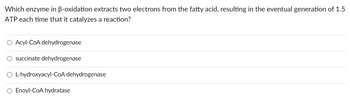 Which enzyme in ß-oxidation extracts two electrons from the fatty acid, resulting in the eventual generation of 1.5
ATP each time that it catalyzes a reaction?
O Acyl-CoA dehydrogenase
O succinate dehydrogenase
O L-hydroxyacyl-CoA dehydrogenase
O Enoyl-CoA hydratase