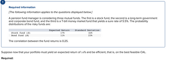 Required information
[The following information applies to the questions displayed below.]
A pension fund manager is considering three mutual funds. The first is a stock fund, the second is a long-term government
and corporate bond fund, and the third is a T-bill money market fund that yields a sure rate of 5.5%. The probability
distributions of the risky funds are:
Expected Return
17%
11%
Stock fund (S)
Bond fund (B)
The correlation between the fund returns is 0.25.
Standard Deviation
32%
23%
Suppose now that your portfolio must yield an expected return of 14% and be efficient, that is, on the best feasible CAL.
Required: