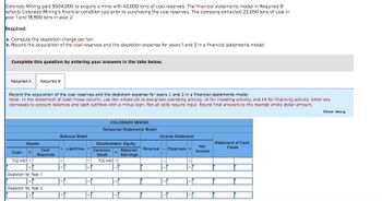 Colorado Mining paid $504,000 to acquire a mine with 42,000 tons of coal reserves. The financial statements model in Required B
reflects Colorado Mining's financial condition just prior to purchasing the coal reserves. The company extracted 22,050 tons of coal in
year 1 and 18,900 tons in year 2.
Required:
a. Compute the depletion charge per ton.
b. Record the acquisition of the coal reserves and the depletion expense for years 1 and 2 in a financial statements model.
Complete this question by entering your answers in the tabs below.
Required A Required B
Record the acquisition of the coal reserves and the depletion expense for years 1 and 2 in a financial statements model.
Note: In the Statement of Cash Flows column, use the initials OA to designate operating activity, IA for investing activity, and FA for financing activity. Enter any
decreases to account balances and cash outflows with a minus sign. Not all cells require input. Round final answers to the nearest whole dollar amount.
Assets
Cash +
702,400 +
Coal
Reserves
Depletion for Year 1
Depletion for Year 2
Balance Sheet
=Liabilities
=
+
+
+
COLORADO MINING
Horizontal Statements Model
Stockholders' Equity
Retained
Earnings
Common
Stock
702,400+
Income Statement
Revenue
Expenses =
Net
Income
Statement of Cash
Flows
Show less A