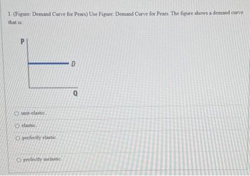 1. (Figure: Demand Curve for Pears) Use Figure: Demand Curve for Pears. The figure shows a demand curve
that is:
unit-elastic.
O elastic.
Operfectly elastic.
O perfectly inelastic.
D
Q