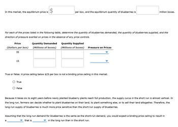 In this market, the equilibrium price is $________ per box, and the equilibrium quantity of blueberries is ________ million boxes.

**Table for Price Analysis:**

Determine the quantity of blueberries demanded, the quantity of blueberries supplied, and the direction of pressure exerted on prices in the absence of any price controls for each listed price.

| Price (Dollars per box) | Quantity Demanded (Millions of boxes) | Quantity Supplied (Millions of boxes) | Pressure on Prices          |
|-------------------------|---------------------------------------|---------------------------------------|-----------------------------|
| 35                      |                                       |                                       | ⬇️                            |
| 15                      |                                       |                                       | ⬇️                            |

**True or False:**

A price ceiling below $25 per box is not a binding price ceiling in this market.

- ⭕ True
- ⭕ False

**Explanation:**

Because it takes six to eight years before newly planted blueberry plants reach full production, the supply curve in the short run is almost vertical. In the long run, farmers can decide whether to plant blueberries on their land, to plant something else, or to sell their land altogether. Therefore, the long-run supply of blueberries is much more price sensitive than the short-run supply of blueberries.

Assuming that the long-run demand for blueberries is the same as the short-run demand, you would expect a binding price ceiling to result in a __________ that is ________ in the long run than in the short run.