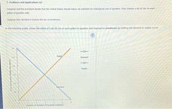 7. Problems and Applications Q7
Congress and the president decide that the United States should reduce air pollution by reducing its use of gasoline. They impose a $0.50 tax on each
gallon of gasoline sold.
Suppose they decided to impose the tax on producers.
In the following graph, shows the effect of a $0.50 tax on each gallon of gasoline sold imposed on producers by shifting the demand or supply curve.
Price of Gasoline (Dollars per gallon)
30
2.5
20
Supply
Demand
Quantity of Gasoline (Thousands of guilons)
-O-
Demand
18
Supply