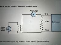 ask 1: Circuit Wiring - Connect the following circuit.
Ammeter
CH2
A
CH1
Oscilloscope
Outlet
120 V
60 Hz
GND
our instructor will give you the values for Vs, R and L. Record them here:
