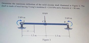 Determine the maximum deflection of the solid circular shaft illustrated in Figure 3. The
shaft is made of steel having Young's modulus E-210 GPa and a diameter d - 80 mm.
10 kN
5 kN-m
5 kN-m
CY
-X-
1.5 m
Figure 3
1.5 m
B