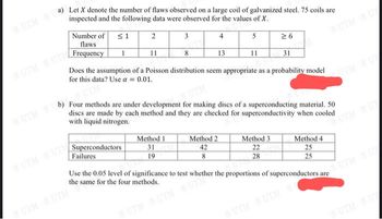 UTM) Let X denote the number of flaws observed on a large coil of galvanized steel. 75 coils are
inspected and the following data were observed for the values of X.
1
2
4
5
Number of
flaws
UTMUT Frequency
26
31
Does the assumption of a Poisson distribution seem appropriate as a probability model
for this data? Use a = 0.01.
1
11
3
Method I
31
19
8
13
UTM) Four methods are under development for making discs of a superconducting material. 50
discs are made by each method and they are checked for superconductivity when cooled
with liquid nitrogen.
11
Method 2
42
8
Method 3
22
28
Method 4
25
25
Failures
UTMUT Superconductors
Use the 0.05 level of significance to test whether the proportions of superconductors are
the same for the four methods.