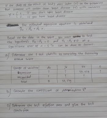 If the study of the effect of body mass index (x) on the probability
that someone will suffer from heart disease () with variables
if you don't have heart disease
if you have heart disease
Y
-
0
the estimated regression equation is obtained
7w =B₁ + B₁₂ X.
at a
Based on the data in the table, you want the to test
and H₁₂ : B₁₂ #0
the hypothesis Ho : B₁ = 0
Significance level of 2 = 5%
can be done as follows.
a. Determine the ‡ test statistic by completing the following
ANAVA table
Source of variation
Regression
Misguided
total
db
?
?
11
JK
?
?
37, 179
RK
19,029
?
b. Calculate the coefficient of determination R²
Cof
C/ Determine the test rejection area and give the test
Conclusion
F
?