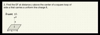 2. Find the EF at distance z above the center of a square loop of
side a that carries a uniform line charge >.
(FIGURE 2)
•P