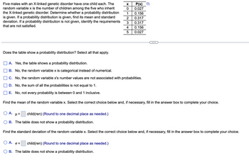 ### Probability Distribution Analysis

#### Problem Statement
Five males with an X-linked genetic disorder have one child each. The random variable \( x \) represents the number of children among the five who inherit the X-linked genetic disorder. The task is to determine whether the given table represents a probability distribution. If it is a probability distribution, calculate its mean and standard deviation. If it isn't, identify the unmet requirements.

---

#### Table of Values

| \( x \) | \( P(x) \)  |
|---------|-------------|
| 0       | 0.027       |
| 1       | 0.156       |
| 2       | 0.317       |
| 3       | 0.317       |
| 4       | 0.156       |
| 5       | 0.027       |

---

#### Analysis Questions

1. **Does the table show a probability distribution? Select all that apply.**
   - [ ] A. Yes, the table shows a probability distribution.
   - [ ] B. No, the random variable \( x \) is categorical instead of numerical.
   - [ ] C. No, the random variable \( x \)'s number values are not associated with probabilities.
   - [ ] D. No, the sum of all the probabilities is not equal to 1.
   - [ ] E. No, not every probability is between 0 and 1 inclusive.

2. **Find the mean of the random variable \( x \). Select the correct choice below and, if necessary, fill in the answer box to complete your choice.**
   - [ ] A. \( \mu = \) ____ child(ren) (Round to one decimal place as needed.)
   - [ ] B. The table does not show a probability distribution.

3. **Find the standard deviation of the random variable \( x \). Select the correct choice below and, if necessary, fill in the answer box to complete your choice.**
   - [ ] A. \( \sigma = \) ____ child(ren) (Round to one decimal place as needed.)
   - [ ] B. The table does not show a probability distribution.

---

#### Graphical Explanation

This problem does not include graphs or diagrams. It involves evaluating the provided table to determine if it meets the criteria for a probability distribution, and subsequently calculating the mean and standard deviation.

#### Notes for Understanding

- A probability distribution