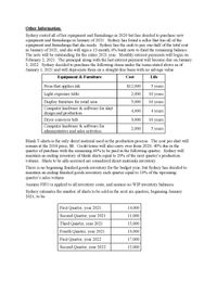 Other Information:
Sydney rented all of her equipment and furnishings in 2020 but has decided to purchase new
equipment and furnishings in January of 2021. Sydney has found a seller that has all of the
equipment and furnishings that she needs. Sydney has the cash to pay one-half of the total cost
in January of 2021, and she will sign a 12-month, 6% bank note to fund the remaining balance.
The note will be outstanding for the entire 2021 year. Monthly interest payments will begin on
February 2, 2021. The principal along with the last interest payment will become due on January
2, 2022. Sydney decided to purchase the following items under the terms stated above as of
January 1, 2021 and will depreciate them on a straight-line basis with no salvage value:
Equipment & Furniture
Cost
Life
Press that applies ink
$12,000
5 years
Light-exposure table
2,000
10 years
Display furniture for retail area
5,000
10 years
Computer hardware & software for shirt
design and production
4,000
4 years
Dryer conveyer belt
3,000
10 years
Computer hardware & software for
administrative and sales activities
2,000
5 years
Blank T-shirts is the only direct material used in the production process. The cost per shirt will
remain at the 2018 price, $8. Credit terms will also carry over from 2020; 40% due in the
quarter of purchase with the remaining 60% to be paid in the foll owing quarter. Sydney will
maintain an ending inventory of blank shirts equal to 20% of the next quarter's production
volume. Shirts to be silk-screened are considered direct materials inventory.
There is no beginning finished goods inventory for the budget year, but Sydney has decided to
maintain an ending finished goods inventory each quarter equal to 10% of the upcoming
quarter's sales volume.
Assume FIFO is applied to all inventory costs, and assume no WIP inventory balances.
Sydney estimates the number of shirts to be sold in the next six quarters, beginning January
2021, to be:
First Quarter, year 2021
14,000
Second Quarter, year 2021
11,000
Third Quarter, year 2021
15,000
Fourth Quarter, year 2021
13,000
First Quarter, year 2022
17,000
Second Quarter, year 2022
12,000
